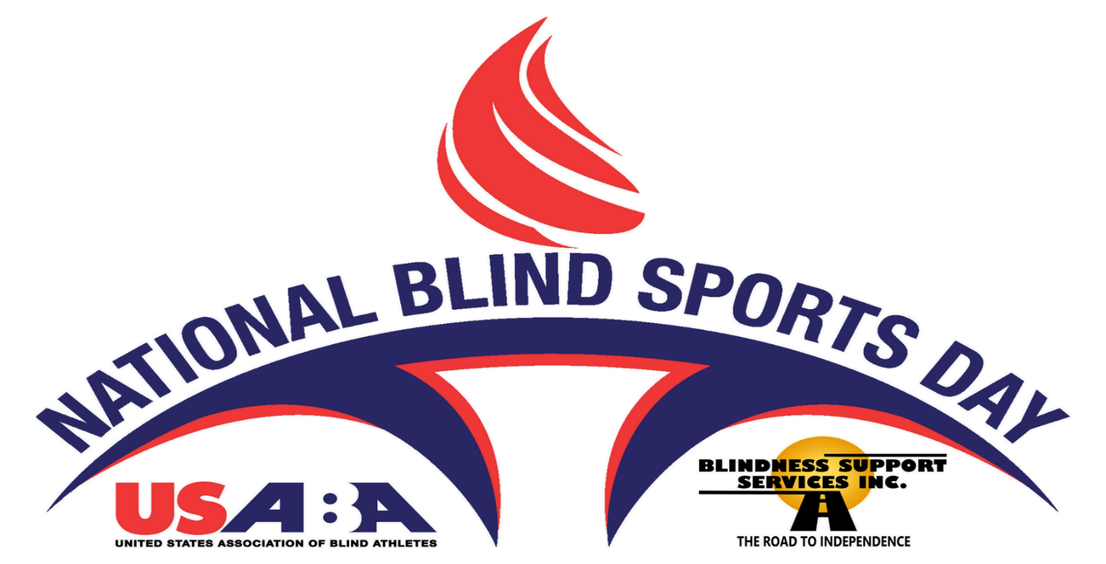 National Blind Sports Day logo, A flame above the words National Blind Sports Day, with the United States Association of Blind Athletes logo, the acronym USABA, and the Blindness Support Services logo, A sun over a road with the words The road to independence below, in the bottom left and right corners respectively.